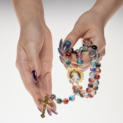 Christianartworkshop Gradient Multicolor Glass Bead & Brass Crucifix Rosary with Divine Mercy Medal