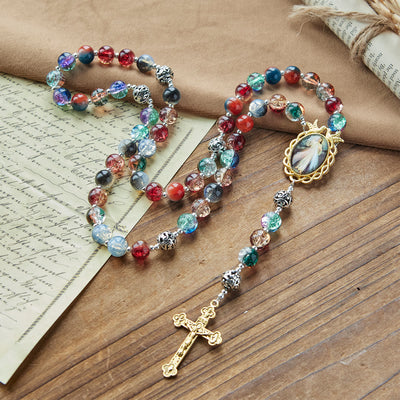 Christianartworkshop Gradient Multicolor Glass Bead & Brass Crucifix Rosary with Divine Mercy Medal