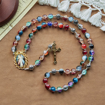 Christianartworkshop Gradient Multicolor Glass Bead & Brass Crucifix Rosary with Divine Mercy Medal