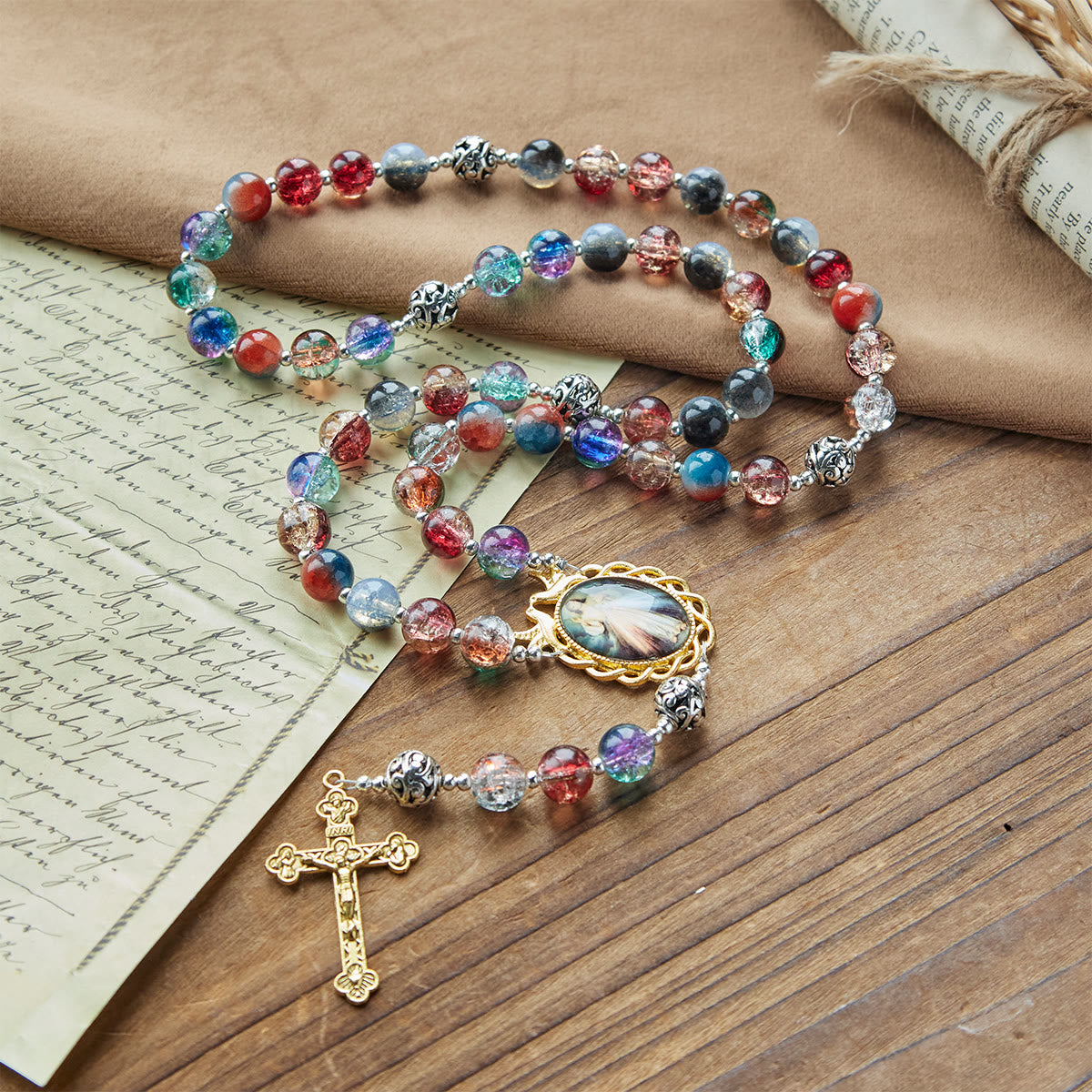Christianartworkshop Gradient Multicolor Glass Bead & Brass Crucifix Rosary with Divine Mercy Medal