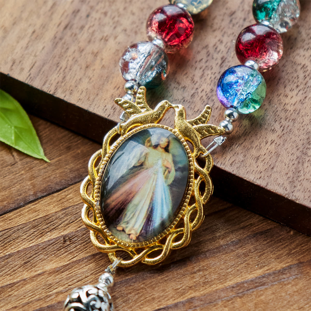 Christianartworkshop Gradient Multicolor Glass Bead & Brass Crucifix Rosary with Divine Mercy Medal