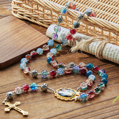 Christianartworkshop Gradient Multicolor Glass Bead & Brass Crucifix Rosary with Divine Mercy Medal