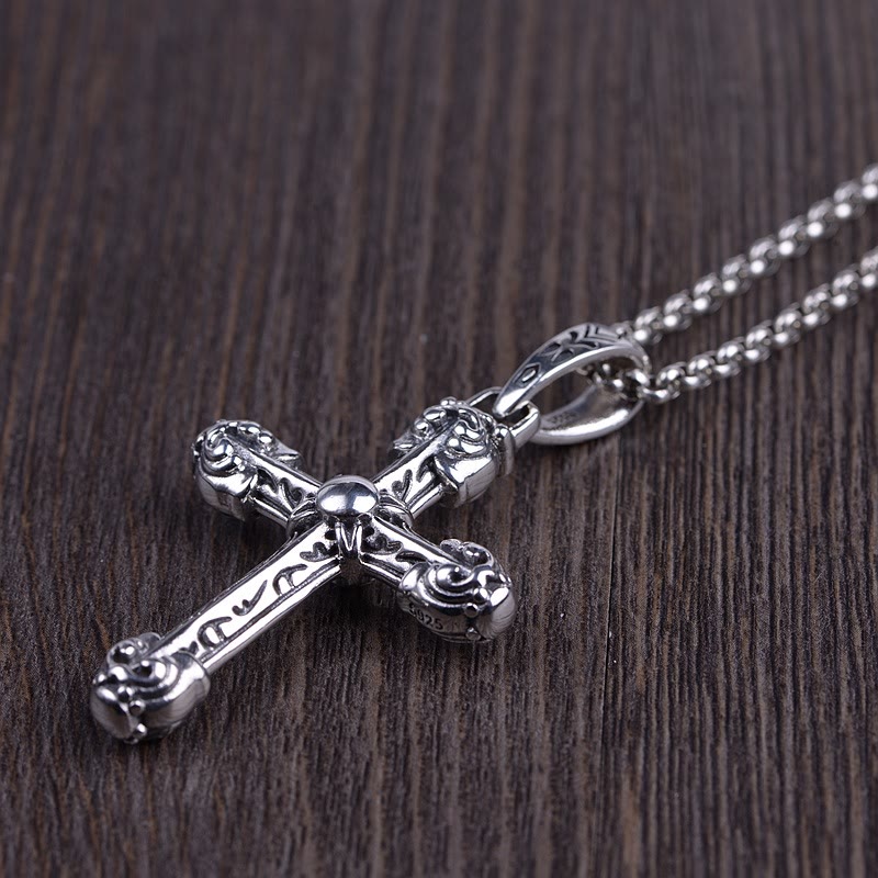 Christianartworkshop Thick Solid Sterling Silver Ornate Sword Cross Necklace with Gothic Scrolls