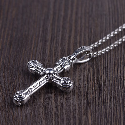 Christianartworkshop Thick Solid Sterling Silver Ornate Sword Cross Necklace with Gothic Scrolls