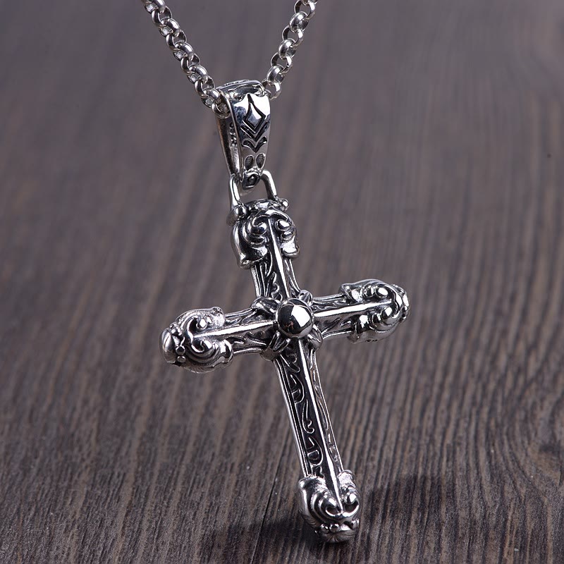 Christianartworkshop Thick Solid Sterling Silver Ornate Sword Cross Necklace with Gothic Scrolls