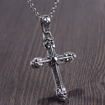 Christianartworkshop Thick Solid Sterling Silver Ornate Sword Cross Necklace with Gothic Scrolls
