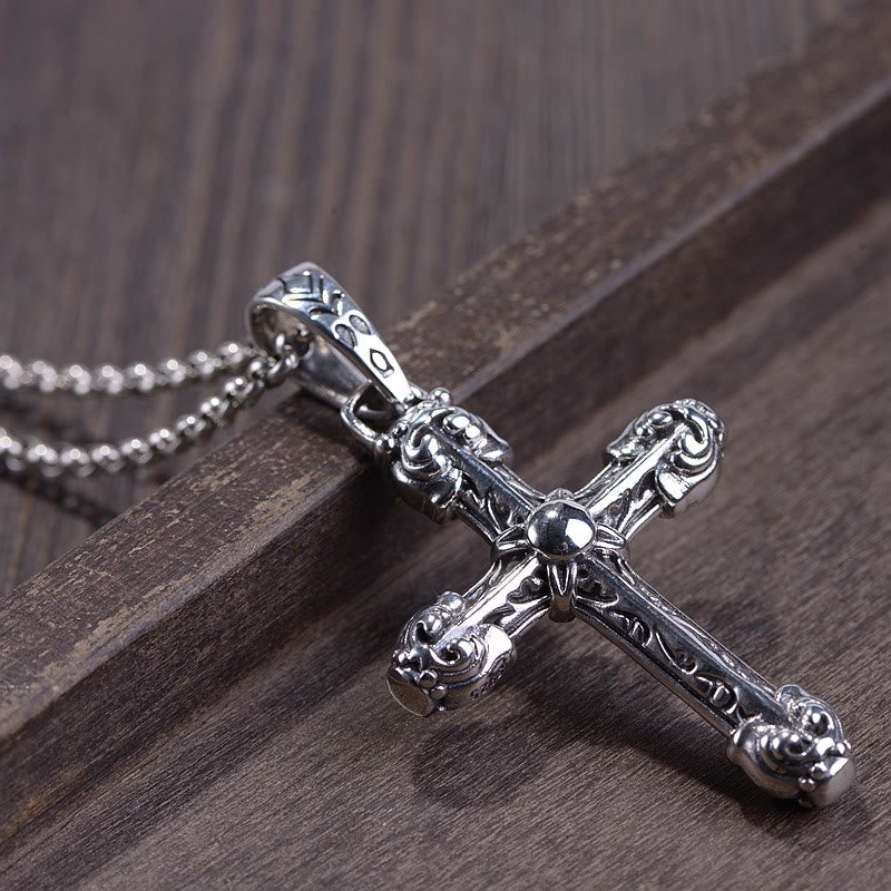 Christianartworkshop Thick Solid Sterling Silver Ornate Sword Cross Necklace with Gothic Scrolls