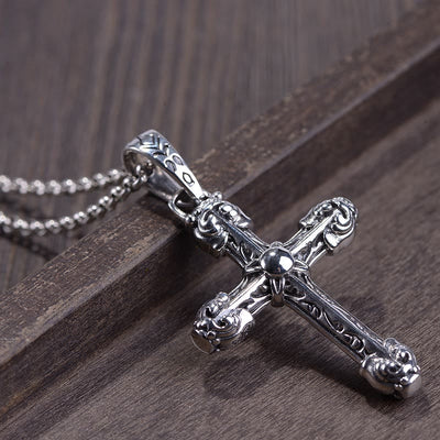 Christianartworkshop Thick Solid Sterling Silver Ornate Sword Cross Necklace with Gothic Scrolls