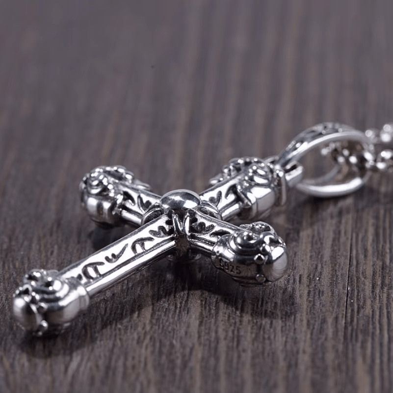 Christianartworkshop Thick Solid Sterling Silver Ornate Sword Cross Necklace with Gothic Scrolls