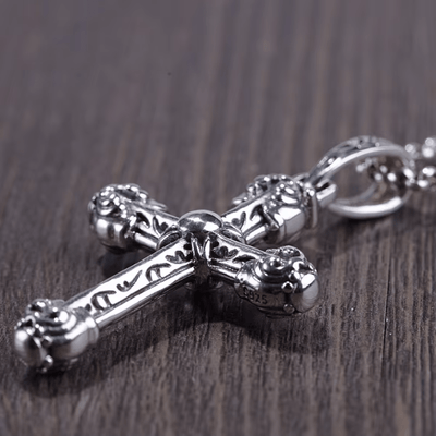 Christianartworkshop Thick Solid Sterling Silver Ornate Sword Cross Necklace with Gothic Scrolls