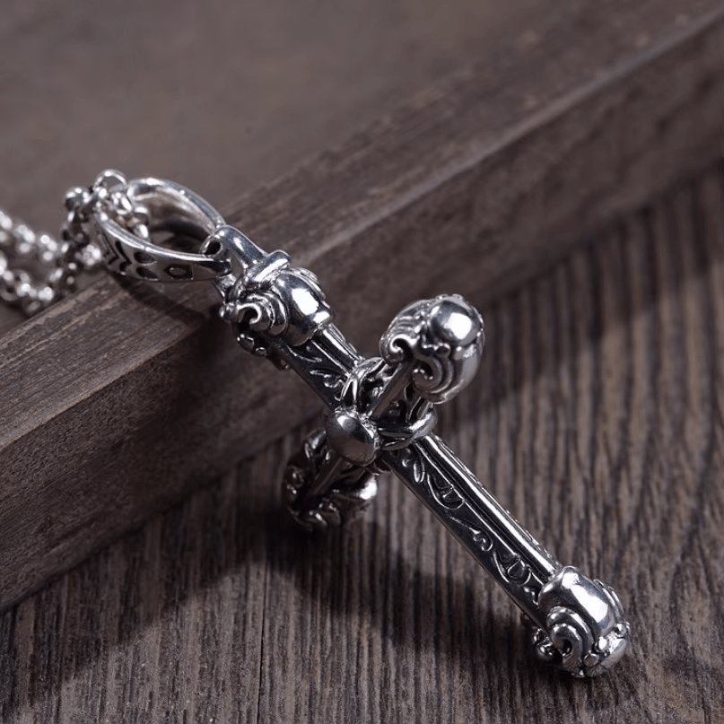 Christianartworkshop Thick Solid Sterling Silver Ornate Sword Cross Necklace with Gothic Scrolls