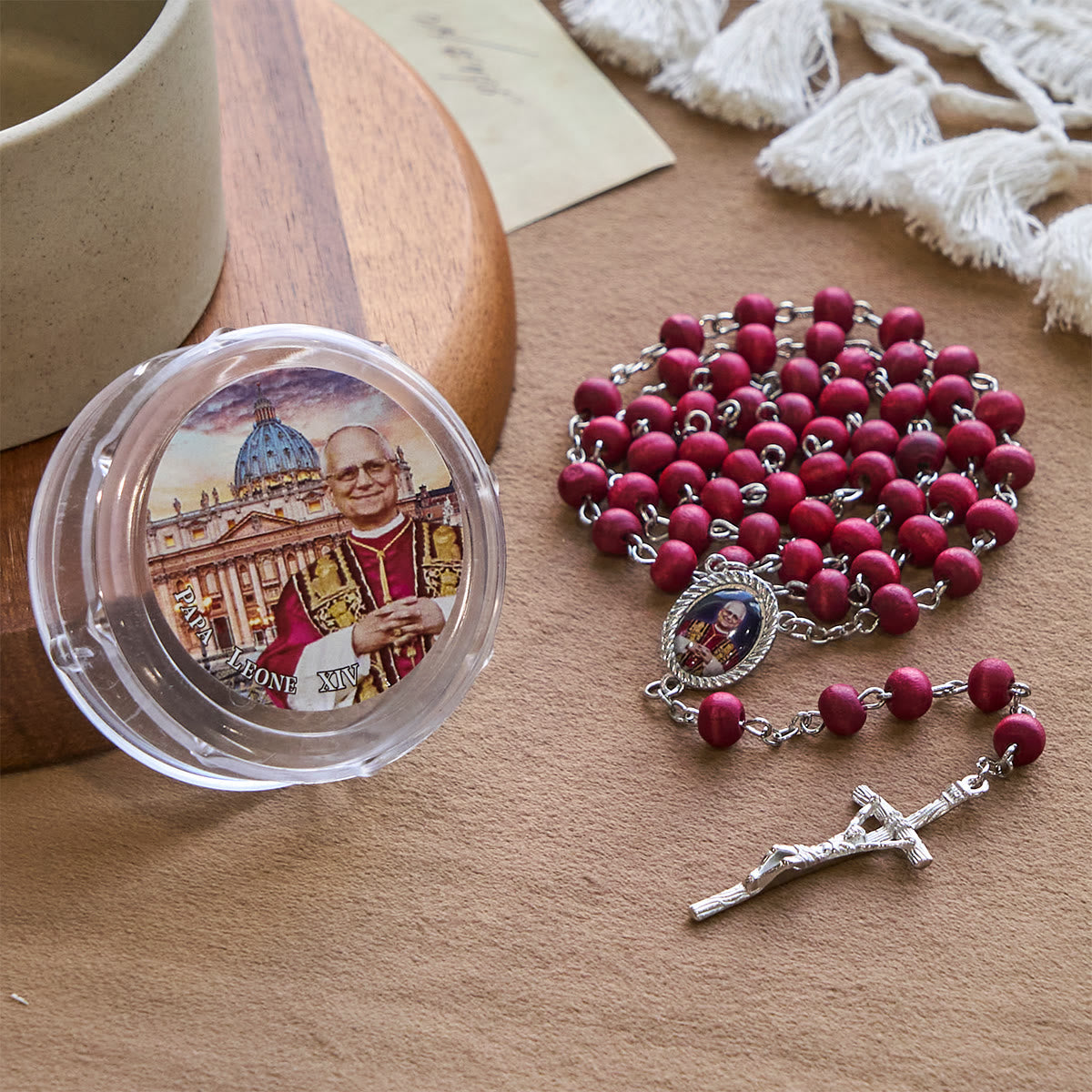 FREE Today: Pope Leo XIV Red Wood Beads Rosary Commemorating: A Spiritual Treasure