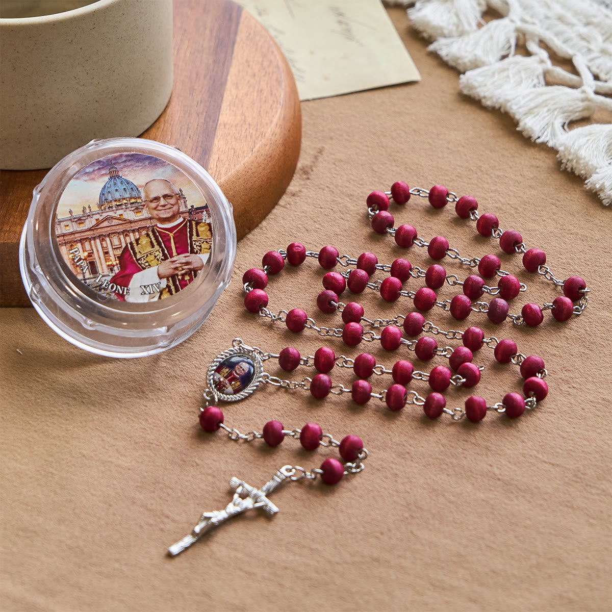 FREE Today: Pope Leo XIV Red Wood Beads Rosary Commemorating: A Spiritual Treasure