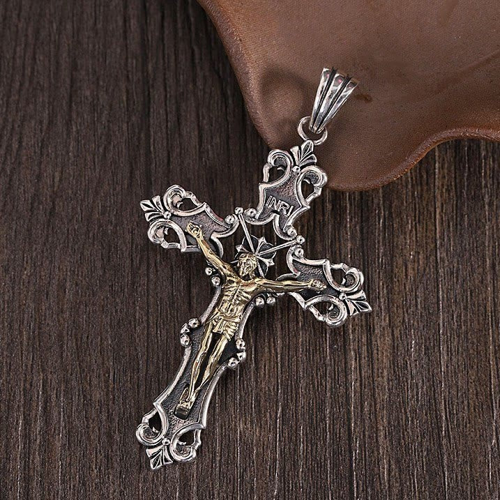 Christianartworkshop Rustic Bronze and Silver Crucifix Necklace in S925: A Testament of Faith