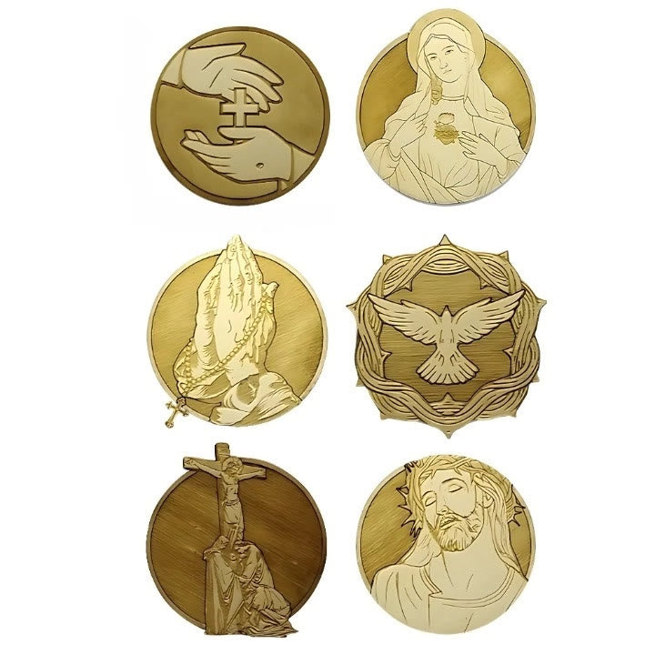 Christianartworkshop Set of 6 Faith-Inspired Our Lady and Christ Symbol Coasters in Wood