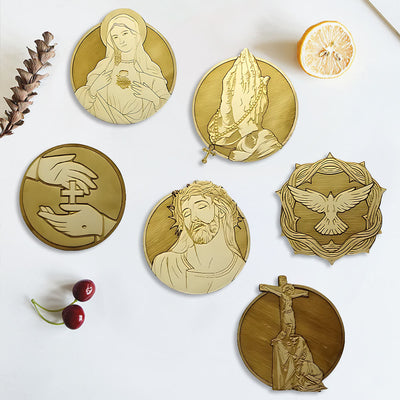 Christianartworkshop Set of 6 Faith-Inspired Our Lady and Christ Symbol Coasters in Wood