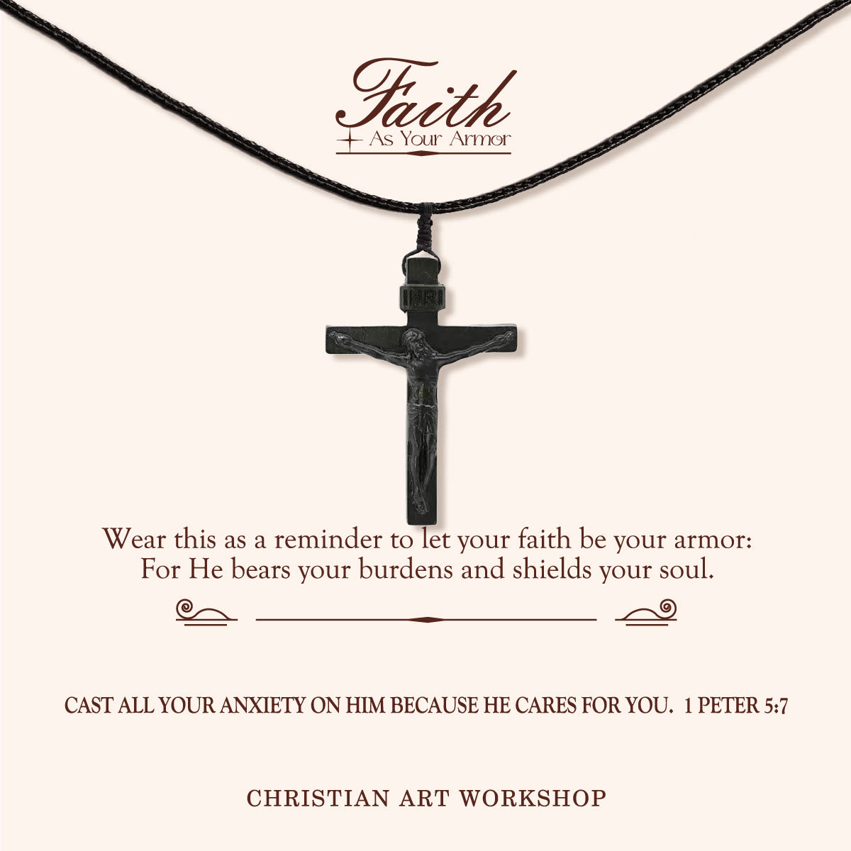 Christianartworkshop FAITH AS YOUR ARMOR: Jesus Crucifix Wooden Necklace