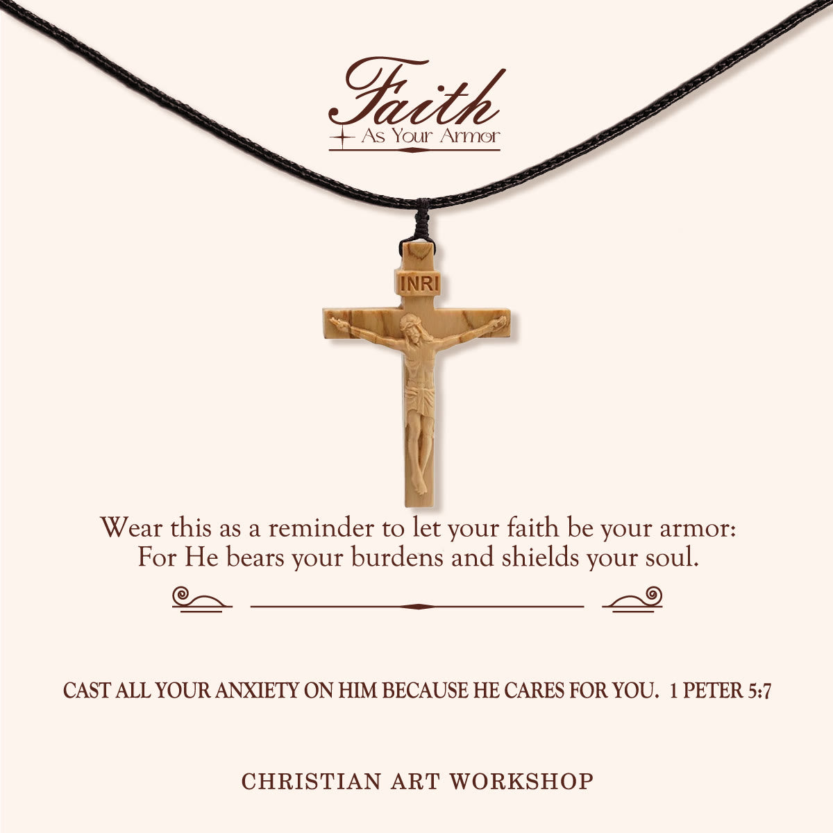Christianartworkshop FAITH AS YOUR ARMOR: Jesus Crucifix Wooden Necklace