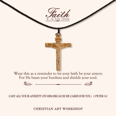 Christianartworkshop FAITH AS YOUR ARMOR: Jesus Crucifix Wooden Necklace