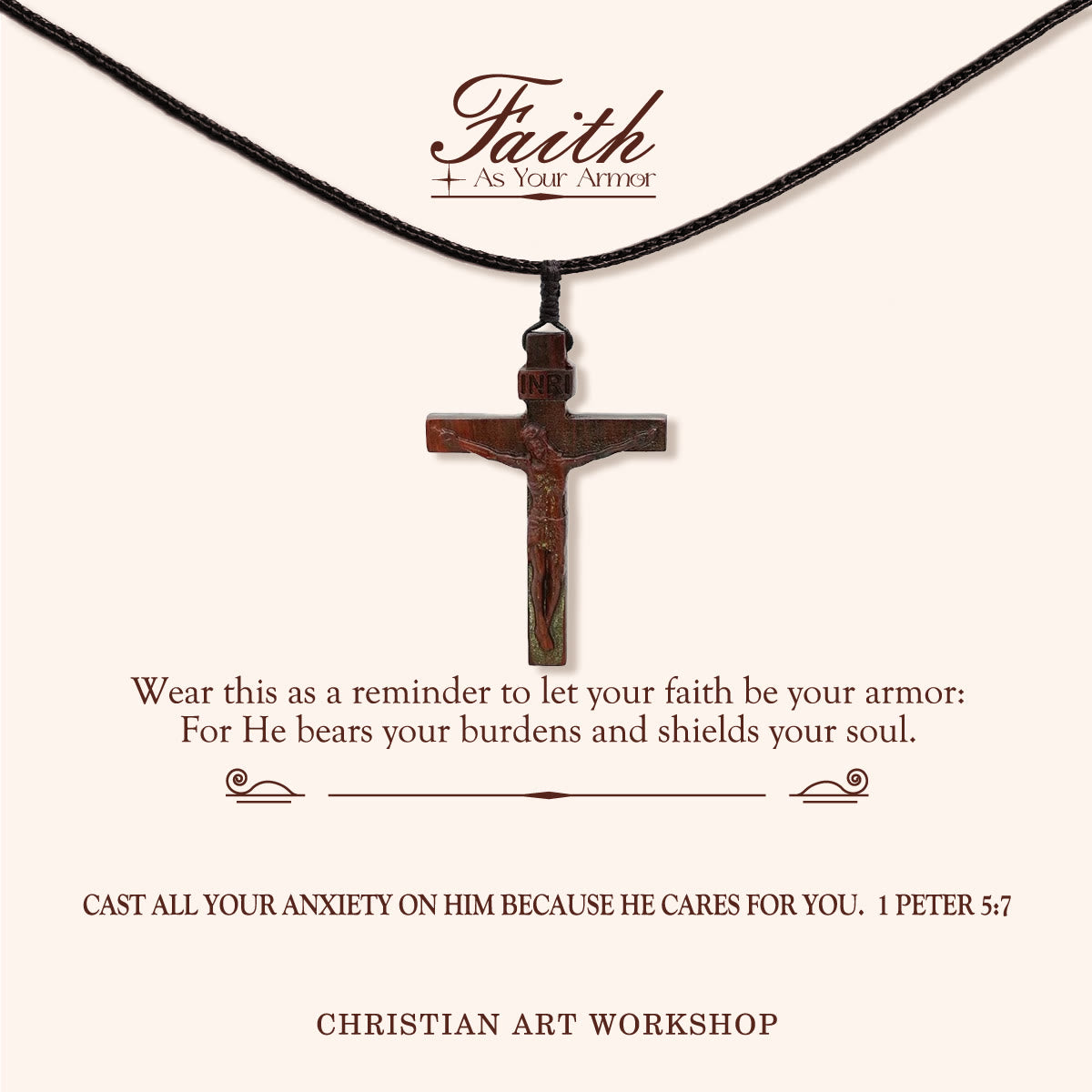 Christianartworkshop FAITH AS YOUR ARMOR: Jesus Crucifix Wooden Necklace