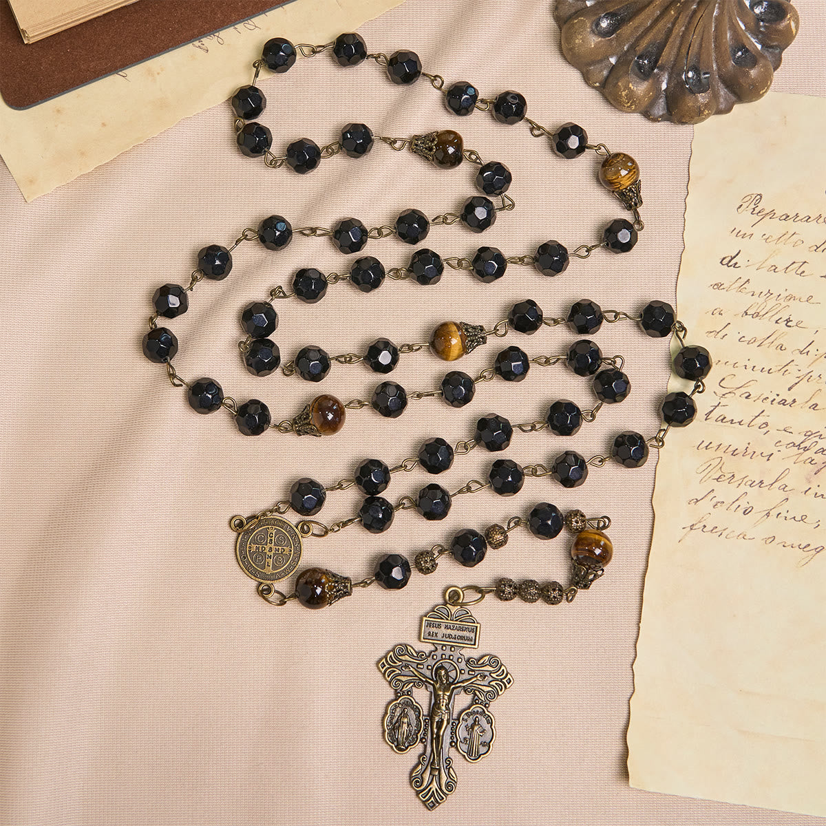 FREE Today: Vintage Obsidian Tiger Eye Beads Rosary with Pardon Crucifix & St. Benedict