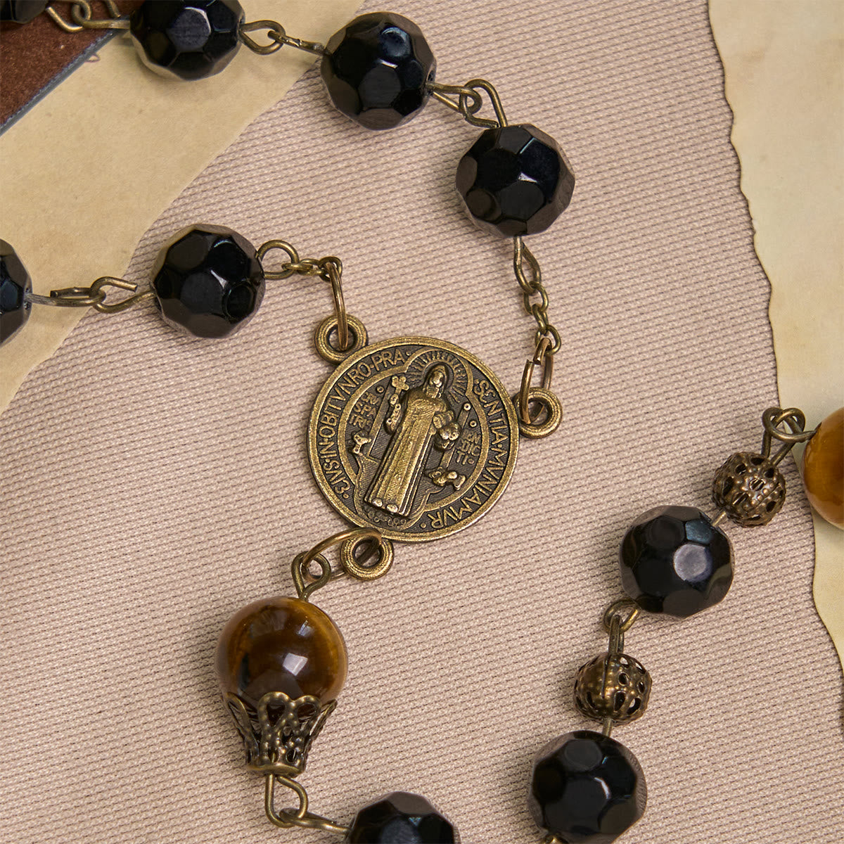 FREE Today: Vintage Obsidian Tiger Eye Beads Rosary with Pardon Crucifix & St. Benedict