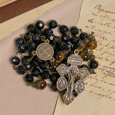 FREE Today: Vintage Obsidian Tiger Eye Beads Rosary with Pardon Crucifix & St. Benedict
