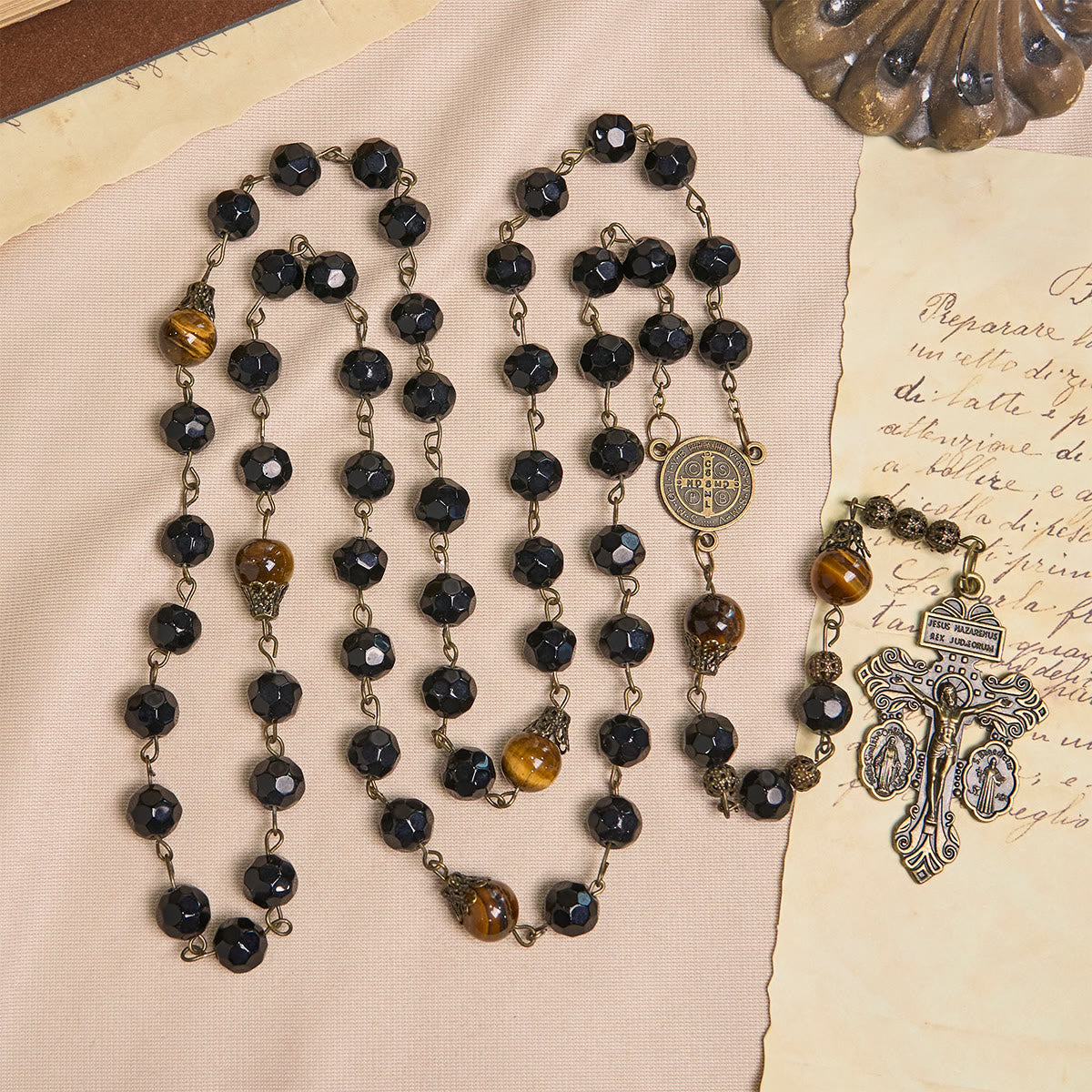 FREE Today: Vintage Obsidian Tiger Eye Beads Rosary with Pardon Crucifix & St. Benedict