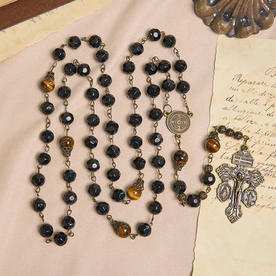 FREE Today: Vintage Obsidian Tiger Eye Beads Rosary with Pardon Crucifix & St. Benedict