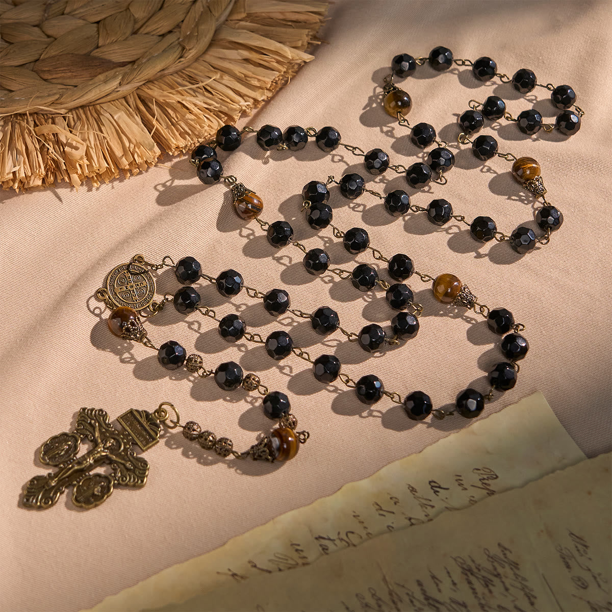 FREE Today: Vintage Obsidian Tiger Eye Beads Rosary with Pardon Crucifix & St. Benedict