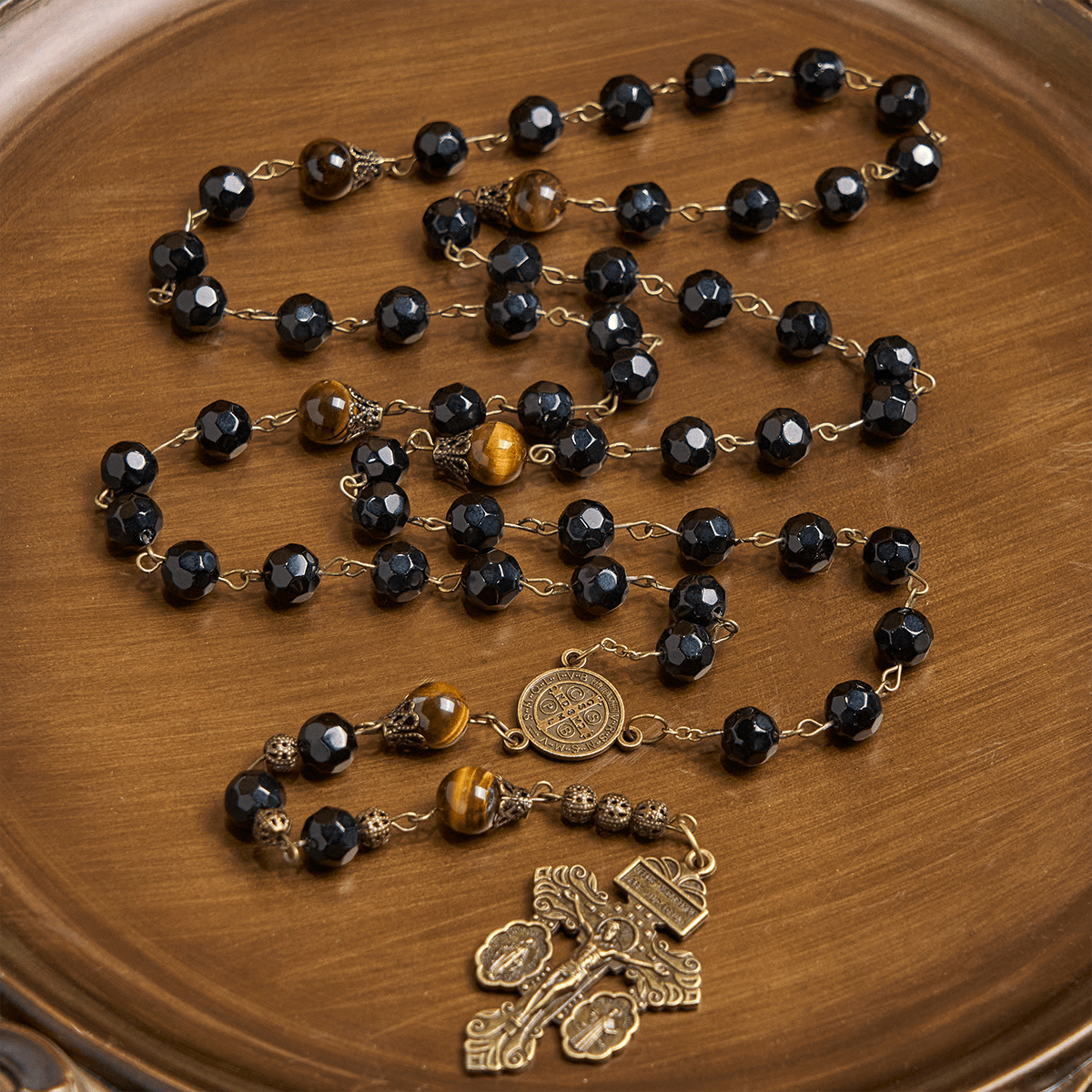 FREE Today: Vintage Obsidian Tiger Eye Beads Rosary with Pardon Crucifix & St. Benedict
