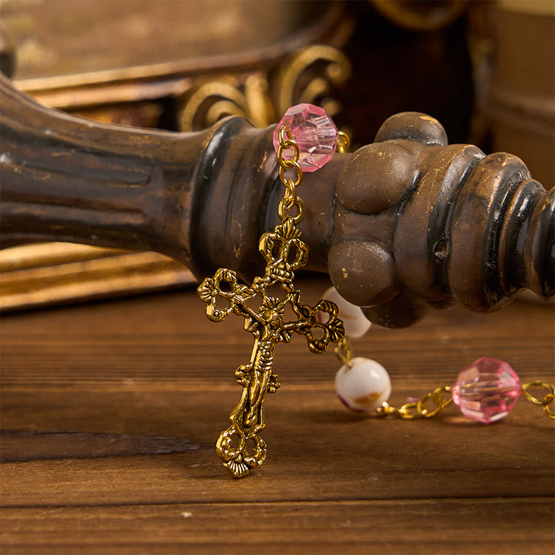 FREE Today: Miraculous Medal & Crucifix of 8 mm Round Floral Pink Ceramic Alloy Chain Rosary