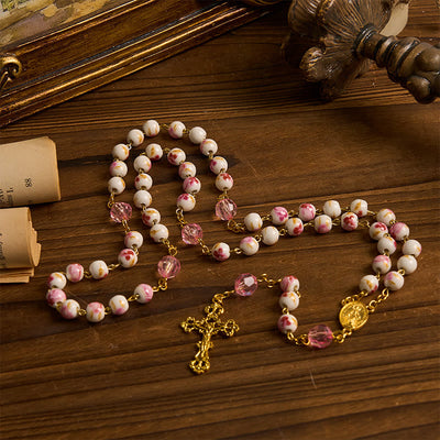 FREE Today: Miraculous Medal & Crucifix of 8 mm Round Floral Pink Ceramic Alloy Chain Rosary
