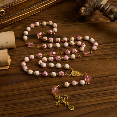 FREE Today: Miraculous Medal & Crucifix of 8 mm Round Floral Pink Ceramic Alloy Chain Rosary