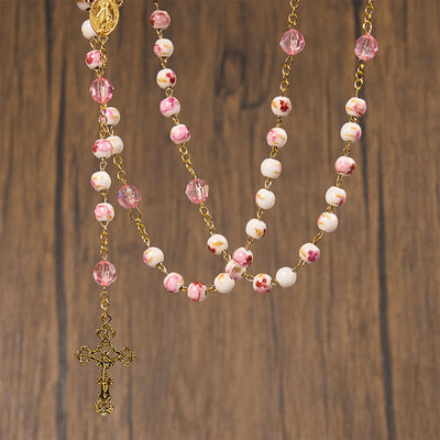 Christianartworkshop Miraculous Medal & Crucifix of 8 mm Round Floral Pink Ceramic Alloy Chain Rosary