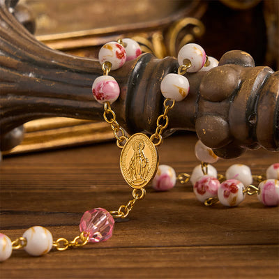 Christianartworkshop Miraculous Medal & Crucifix of 8 mm Round Floral Pink Ceramic Alloy Chain Rosary