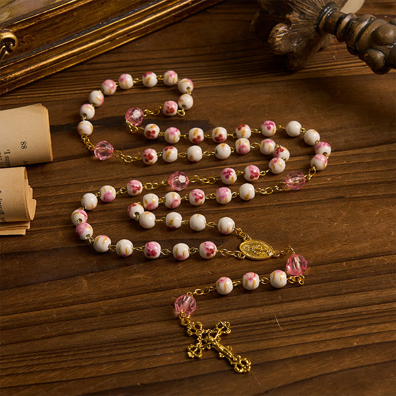 Christianartworkshop Miraculous Medal & Crucifix of 8 mm Round Floral Pink Ceramic Alloy Chain Rosary