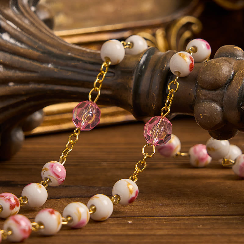 Christianartworkshop Miraculous Medal & Crucifix of 8 mm Round Floral Pink Ceramic Alloy Chain Rosary