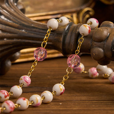 Christianartworkshop Miraculous Medal & Crucifix of 8 mm Round Floral Pink Ceramic Alloy Chain Rosary
