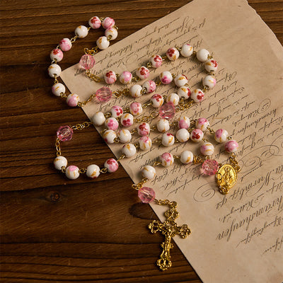Christianartworkshop Miraculous Medal & Crucifix of 8 mm Round Floral Pink Ceramic Alloy Chain Rosary