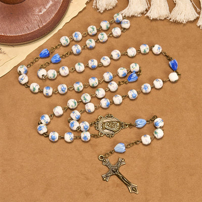 Christianartworkshop Immaculate Heart of Mary & Crucifix of 8 mm Round Blue Floral Acrylic Alloy Chain Rosary