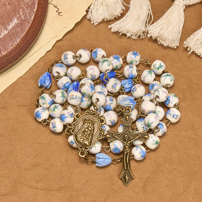 Christianartworkshop Immaculate Heart of Mary & Crucifix of 8 mm Round Blue Floral Acrylic Alloy Chain Rosary