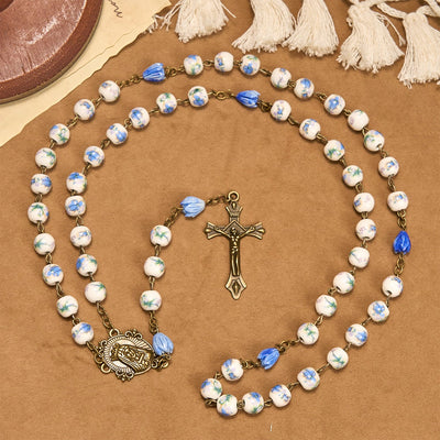 Christianartworkshop Immaculate Heart of Mary & Crucifix of 8 mm Round Blue Floral Acrylic Alloy Chain Rosary