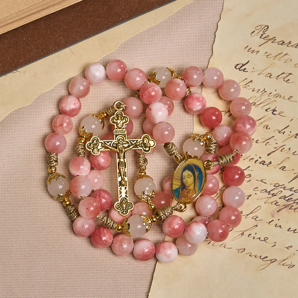 Christianartworkshop Handmade Pink Glossy Beads Rosary with Brass Crucifix and Our Lady Charm