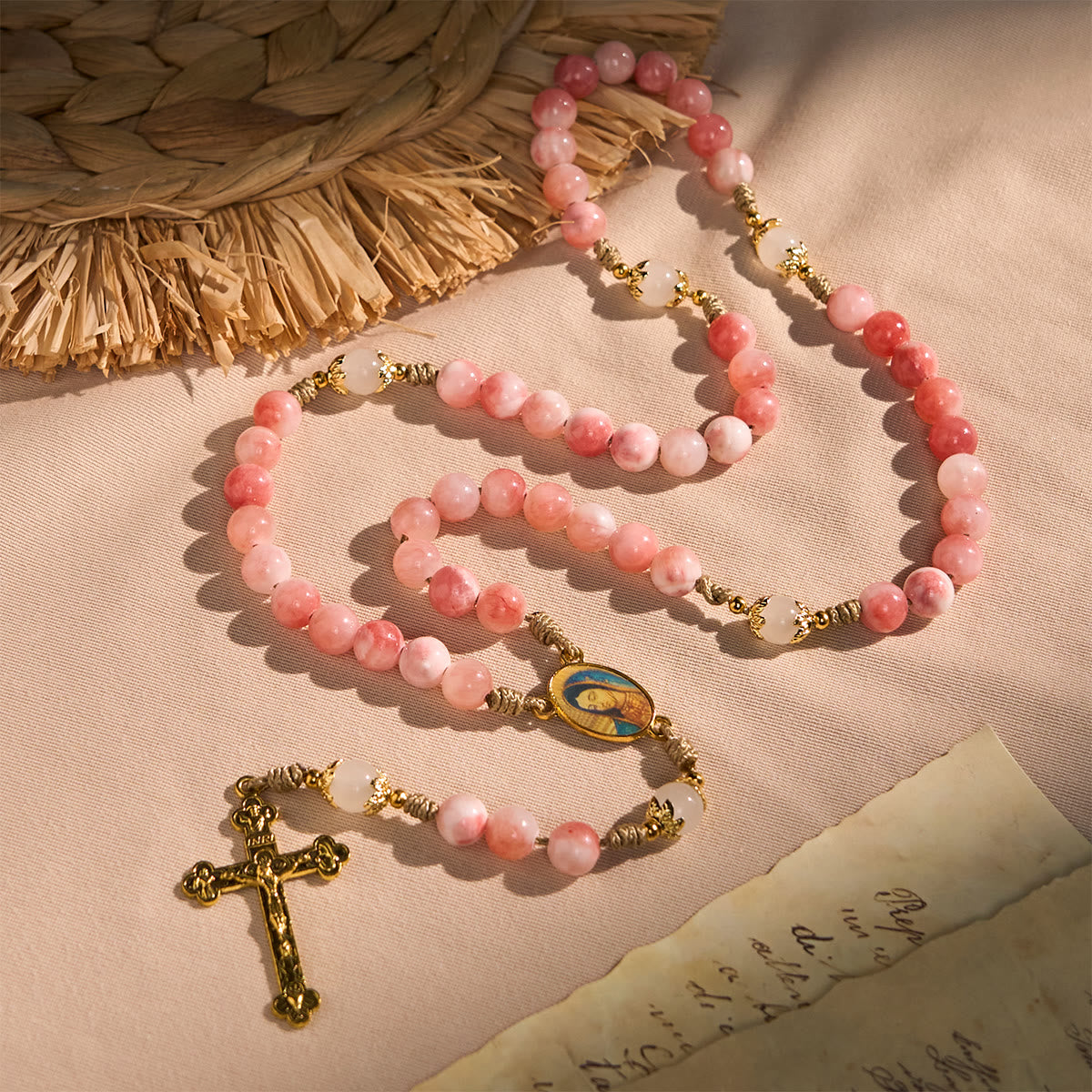 Christianartworkshop Handmade Pink Glossy Beads Rosary with Brass Crucifix and Our Lady Charm