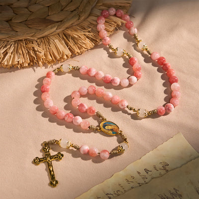 FREE Today: Handmade Pink Persian Jade Rosary with Brass Crucifix and Our Lady Charm