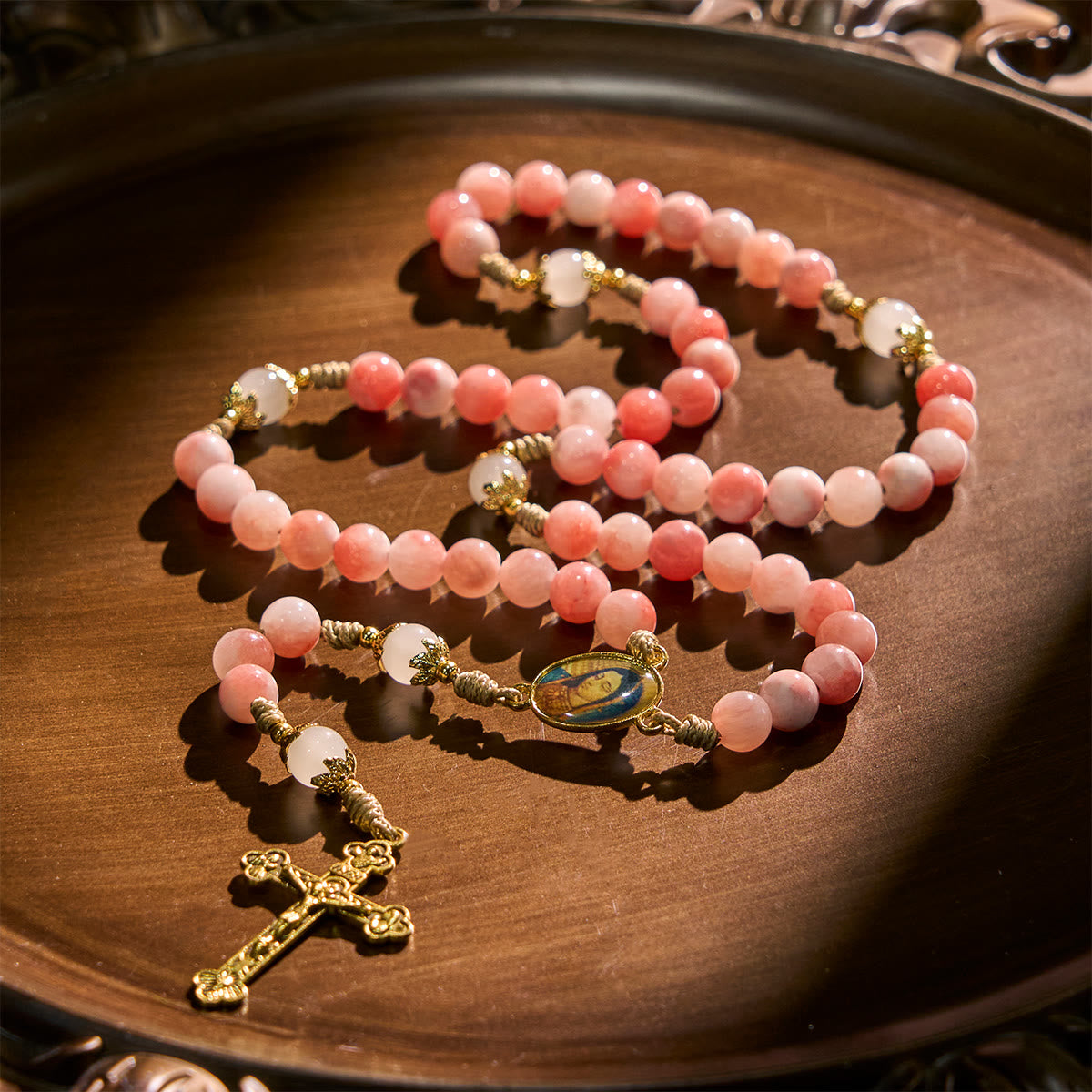 FREE Today: Handmade Pink Persian Jade Rosary with Brass Crucifix and Our Lady Charm