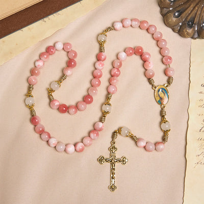 Christianartworkshop Handmade Pink Glossy Beads Rosary with Brass Crucifix and Our Lady Charm