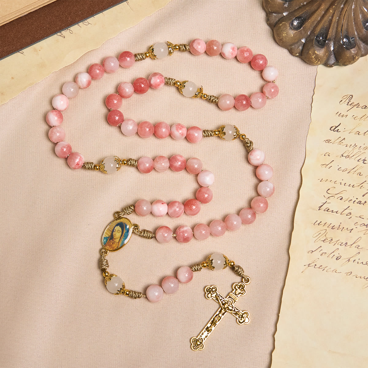 FREE Today: Handmade Pink Persian Jade Rosary with Brass Crucifix and Our Lady Charm
