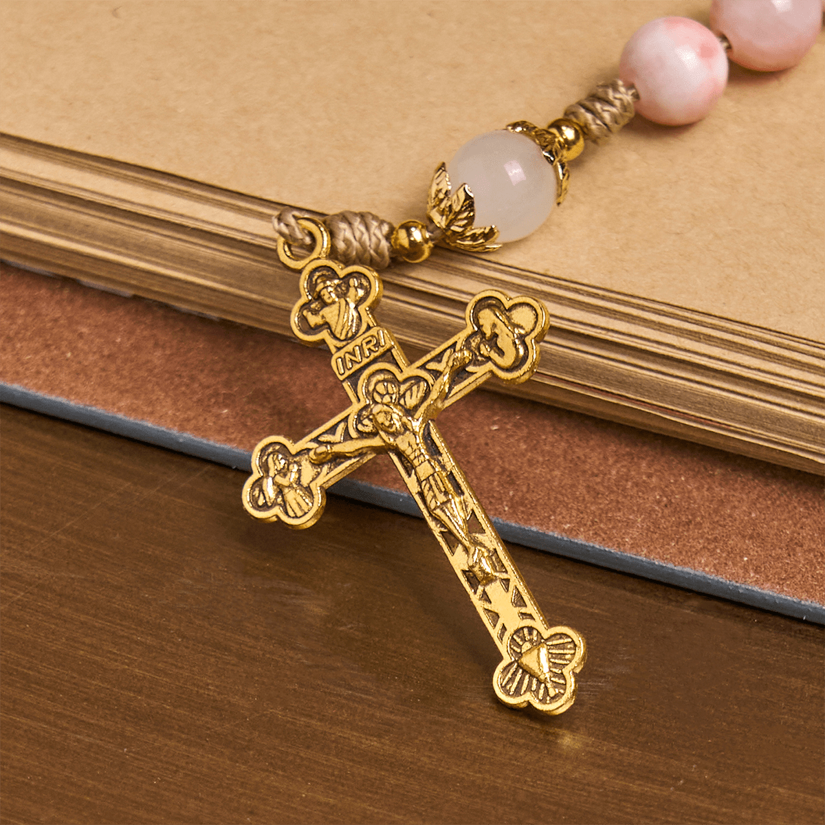 Christianartworkshop Handmade Pink Glossy Beads Rosary with Brass Crucifix and Our Lady Charm